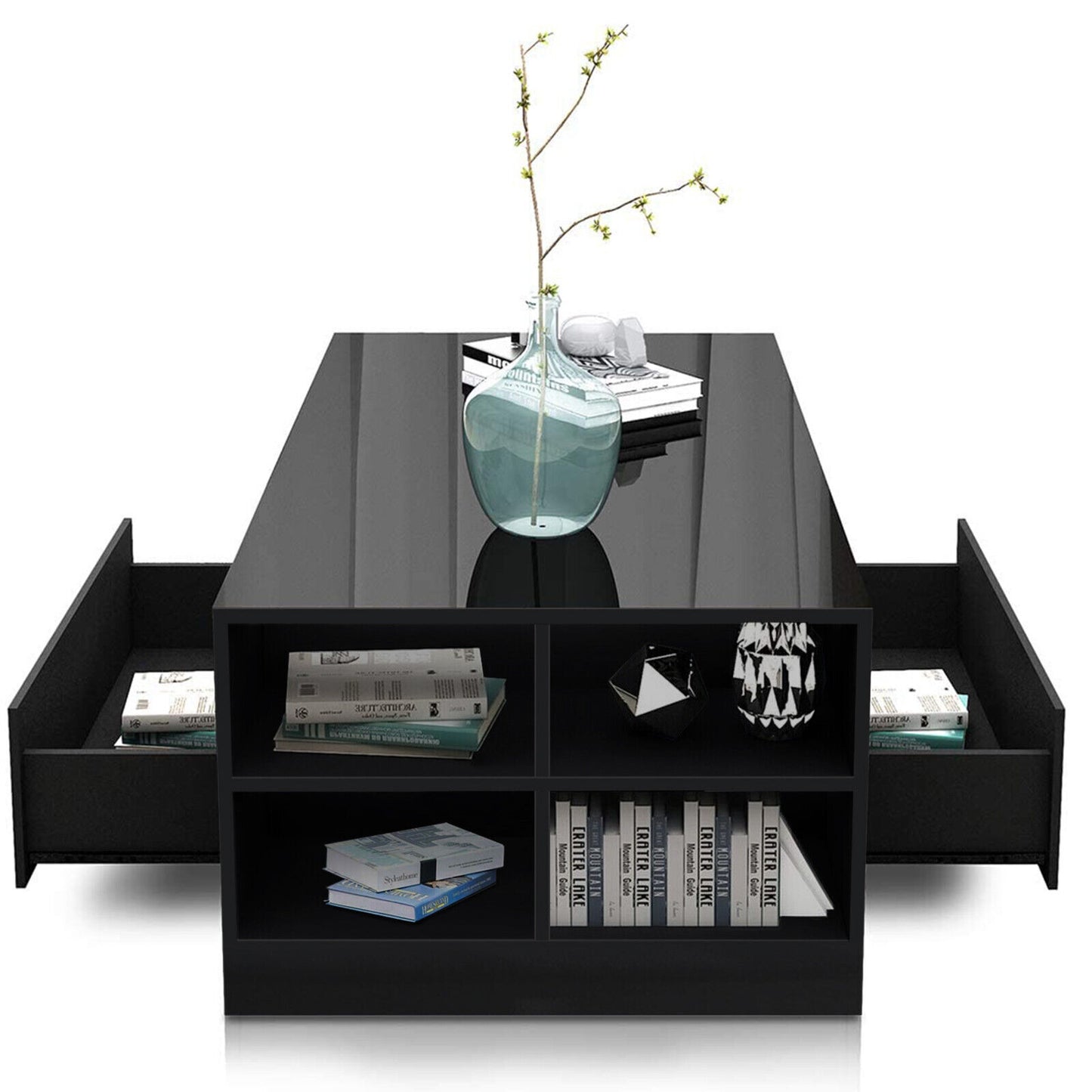Wooden LED Coffee Table with Storage 2 Drawers Living Room Furniture High Gloss