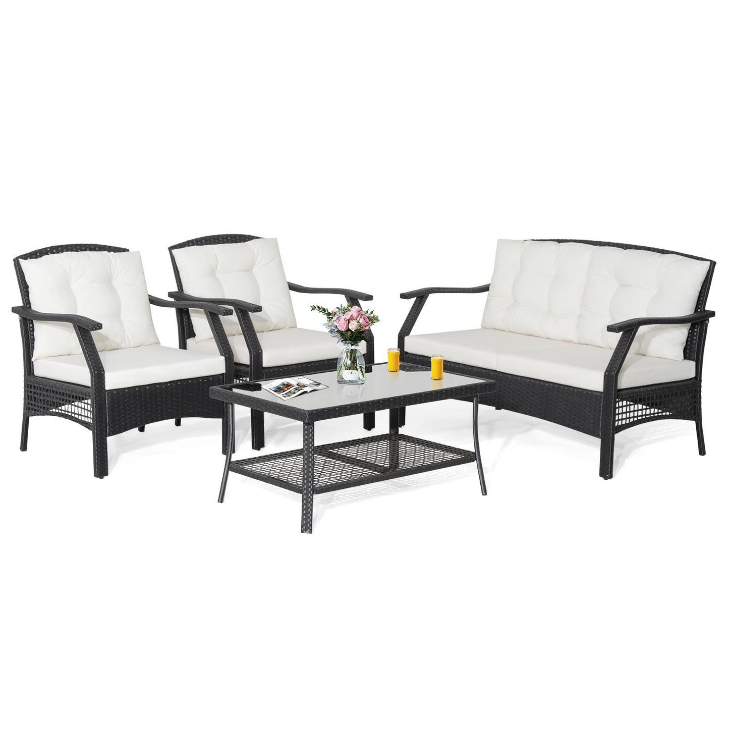 4 Pieces Patio Rattan Conversation Set with Coffee Table and Cushions