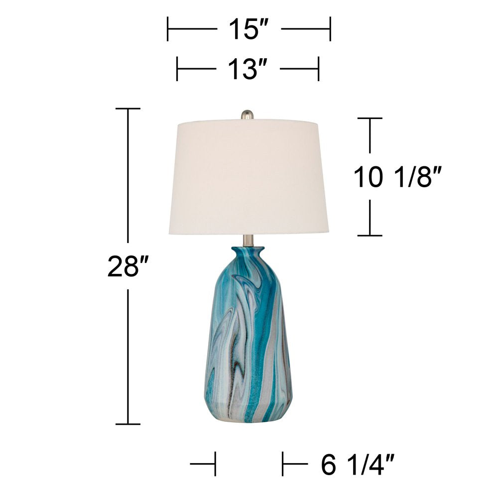 Set of 2 Carlton Modern Coastal Table Lamps - 28" Tall Swirling Blue Faux Marble, White Tapered Drum Shade for Chic Bedroom and Living Room Ambiance