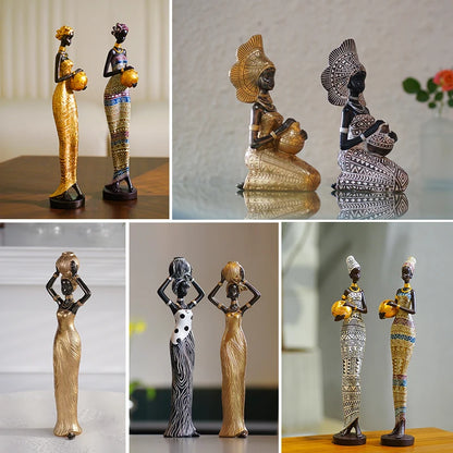 Resin Painted Black Statue Decor Figurines Retro African Women Holding Pottery Pots Home Bedroom Desktop Collection Items