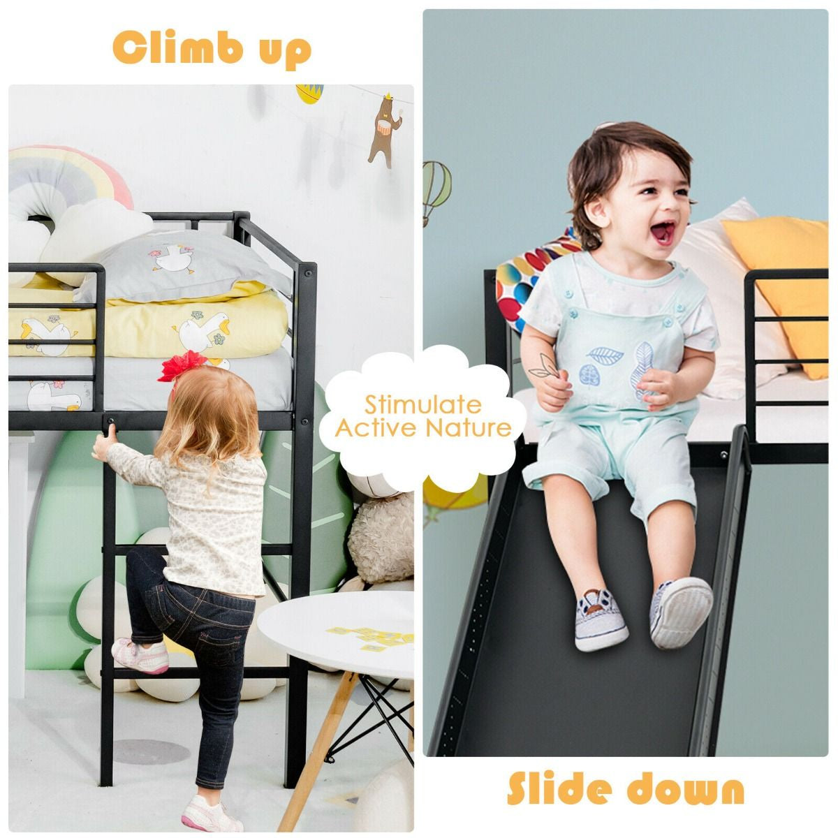 Sliding Loft Children Single Bed with Stairs and Safety Guardrails