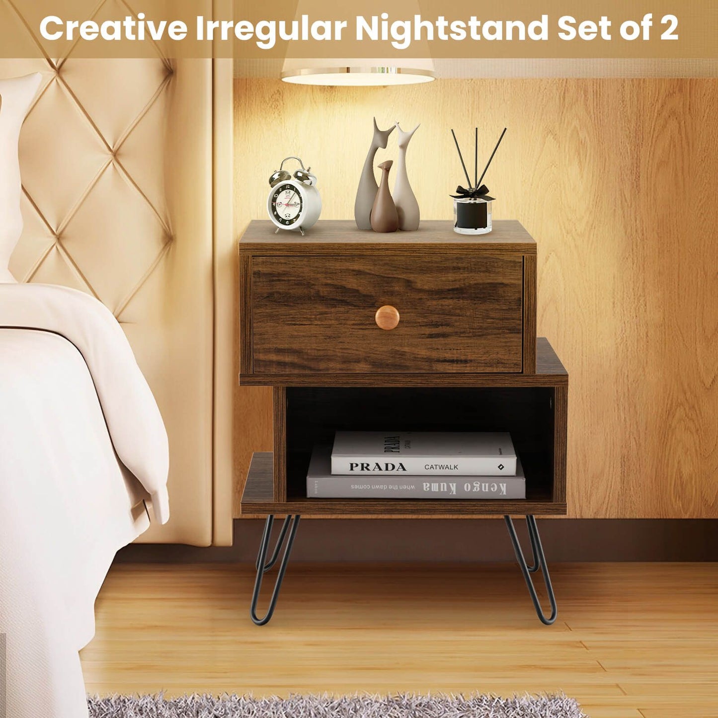 Set of 2 Wooden Nightstands 2-Tier with Elevated Metal Feet