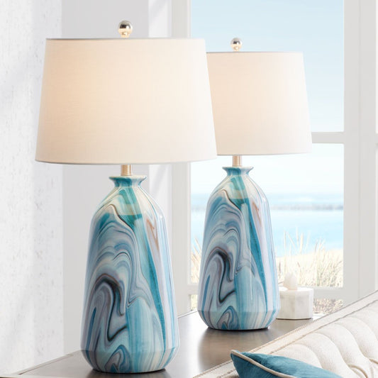 Set of 2 Carlton Modern Coastal Table Lamps - 28" Tall Swirling Blue Faux Marble, White Tapered Drum Shade for Chic Bedroom and Living Room Ambiance